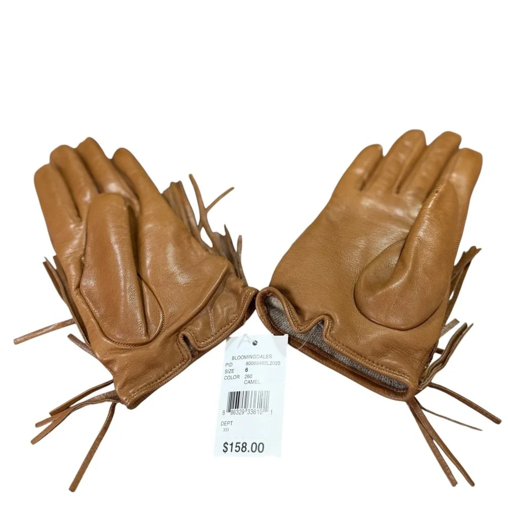 Bloomingdale's Italian Leather Fringe Gloves Camel Cashmere Lined SZ 6 NWT Boho